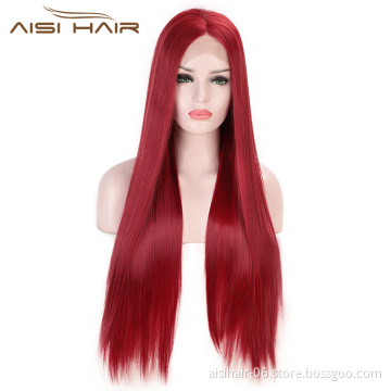 Aisi Hair Cheap 26 Inch Long Red Wig Party Cosplay Straight Silky Front Lace Wig Synthetic Lace Frontal Hair Wigs For Women